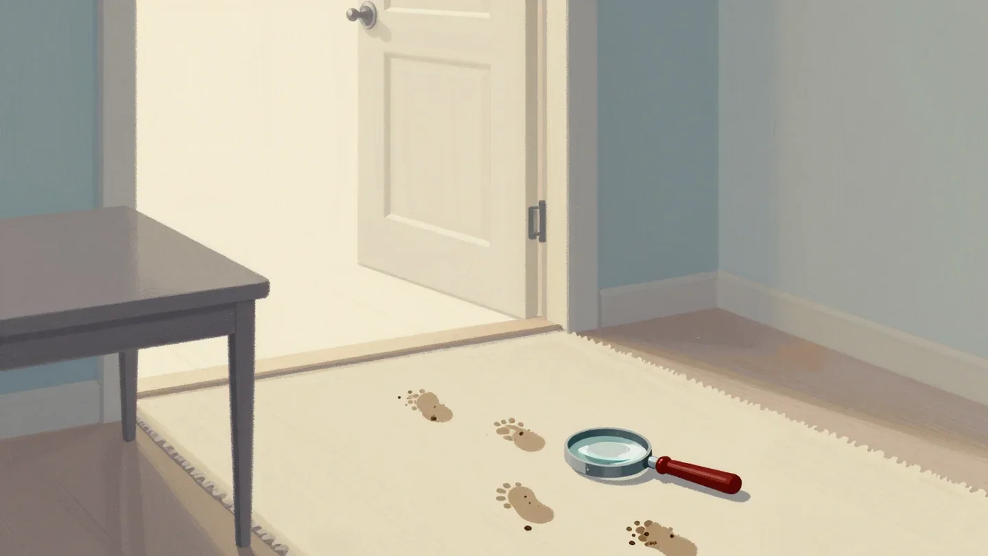 Gouache painting of dents in a hallway rug with muddy boot prints and a vermilion-handled magnifying glass