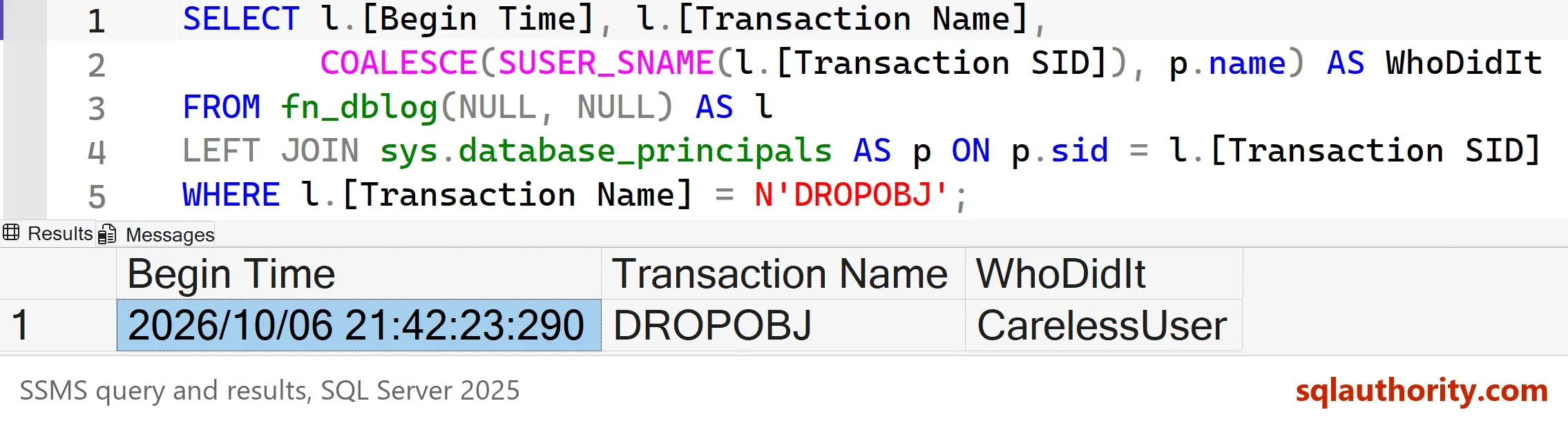 SSMS query on fn_dblog and its result grid with one row: Begin Time 2026/10/06 21:42:23:290, Transaction Name DROPOBJ and WhoDidIt CarelessUser