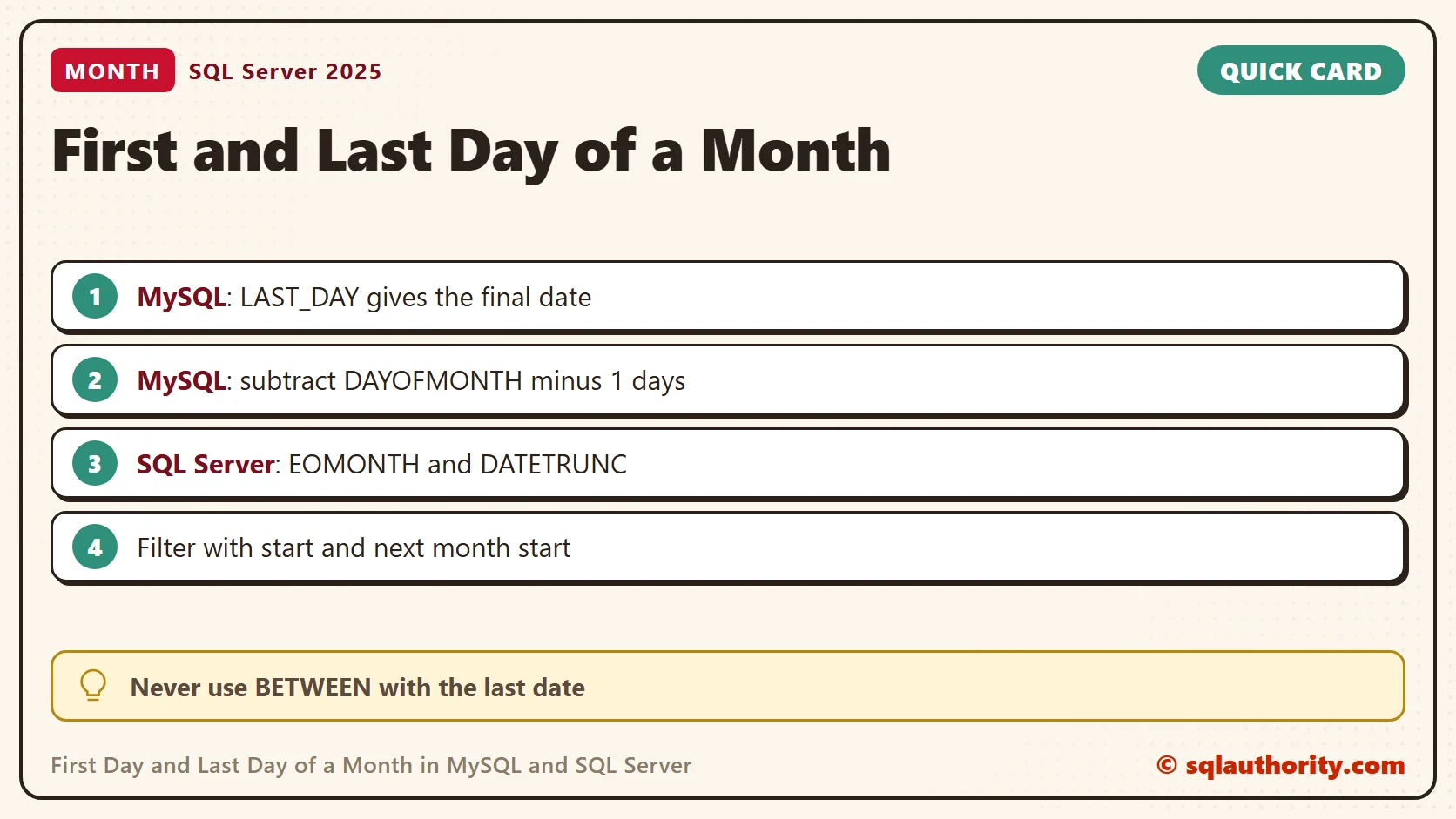 Quick reference card: First Day and Last Day of a Month in MySQL and SQL Server