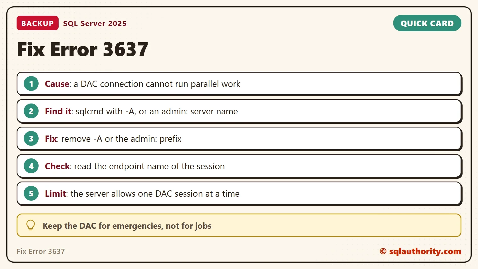 Quick card titled Fix Error 3637: Cause: a DAC connection cannot run parallel work. Find it: sqlcmd with -A, or an admin: server name. Fix: remove -A or the admin: prefix. Check: read the endpoint name of the session. Limit: the server allows one DAC session at a time. Tip: Keep the DAC for emergencies, not for jobs