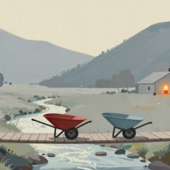 Gouache painting of a narrow mountain footbridge with one vermilion wheelbarrow crossing alone