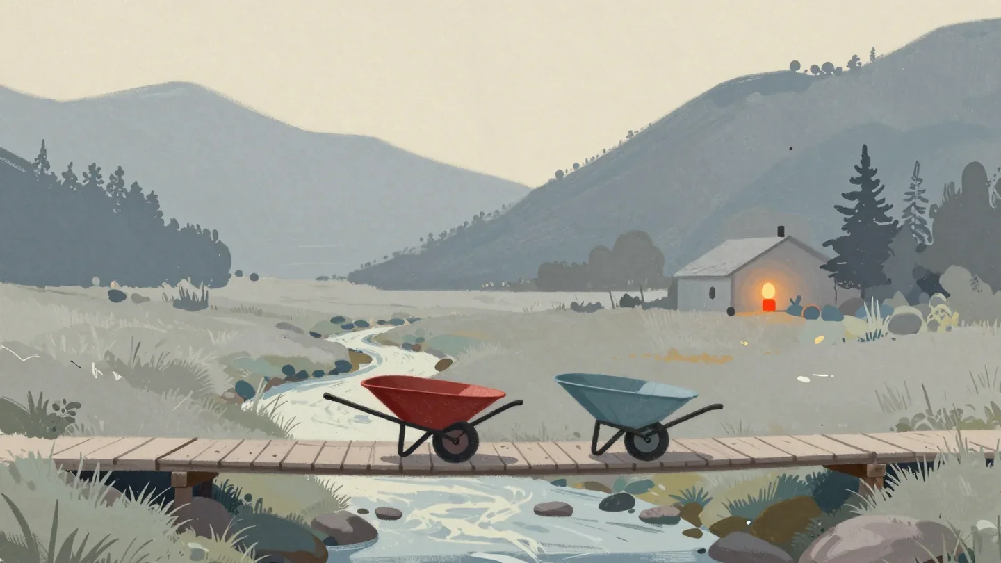 Gouache painting of a narrow mountain footbridge with one vermilion wheelbarrow crossing alone