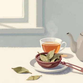 Gouache painting of a vermilion-handled tea strainer of old leaves on a saucer beside a cup of fresh tea and a grey teapot