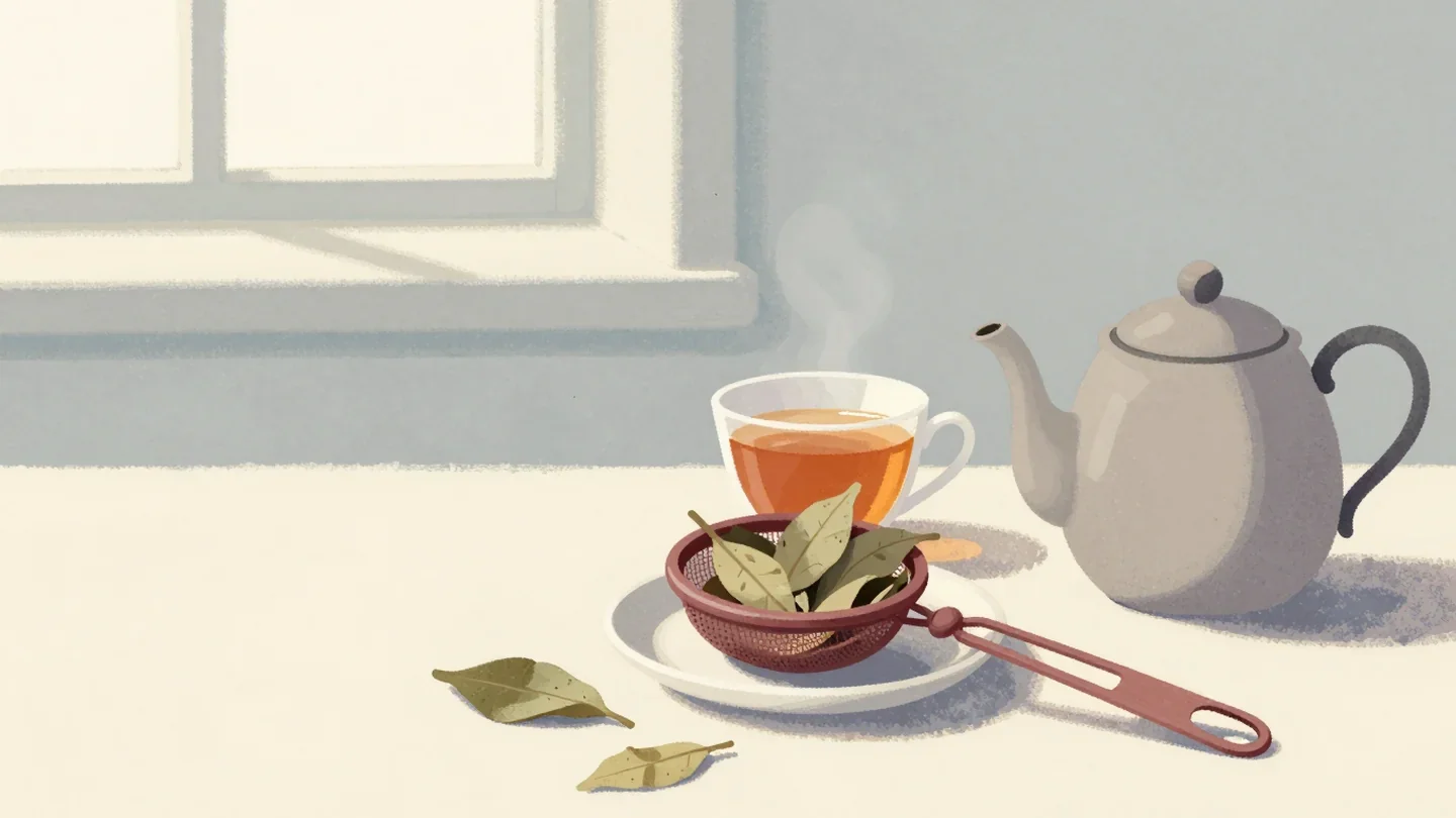 Gouache painting of a vermilion-handled tea strainer of old leaves on a saucer beside a cup of fresh tea and a grey teapot