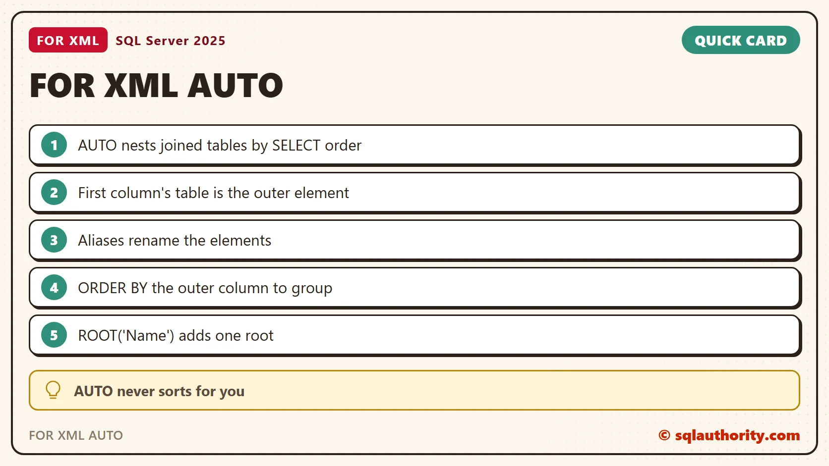 Quick reference card: FOR XML AUTO