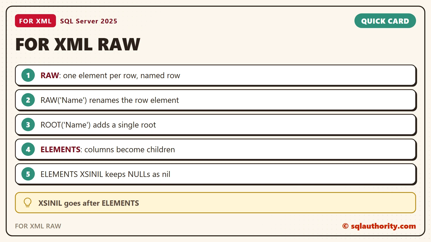 Quick reference card: FOR XML RAW