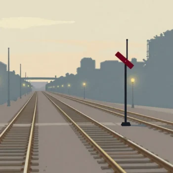 Gouache painting of a track splitting into four parallel tracks with a vermilion switch lever set to the wide side