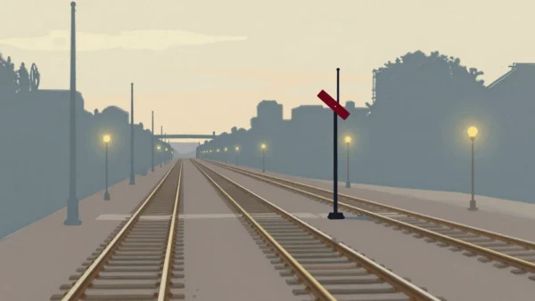 Gouache painting of a track splitting into four parallel tracks with a vermilion switch lever set to the wide side