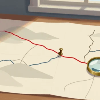 Gouache painting of a paper road map on a desk with faded grey and blue routes and one route traced in vermilion, held down by a brass pushpin beside a magnifier