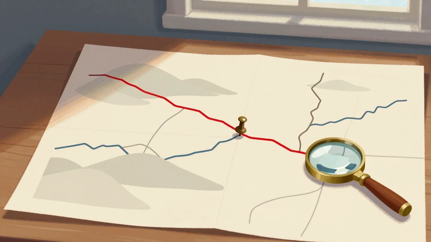 Gouache painting of a paper road map on a desk with faded grey and blue routes and one route traced in vermilion, held down by a brass pushpin beside a magnifier