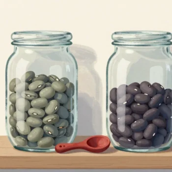Gouache painting of two plain glass jars of beans filled to slightly different levels with a vermilion scoop between them