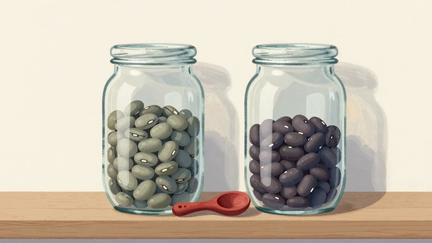 Gouache painting of two plain glass jars of beans filled to slightly different levels with a vermilion scoop between them