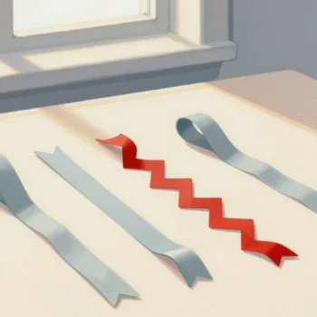Gouache painting of three ribbons with straight, zigzag and scalloped edges, the zigzag one painted red