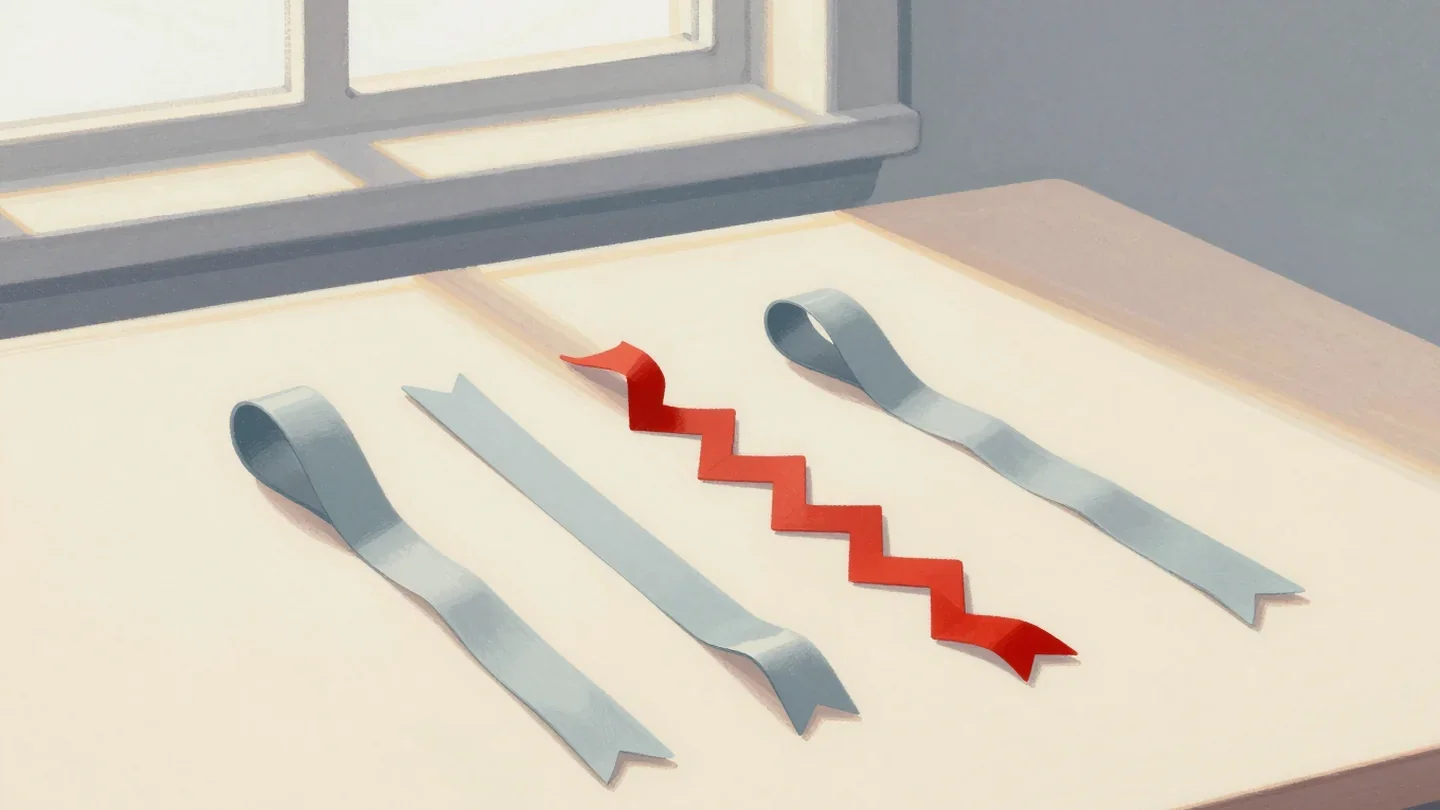 Gouache painting of three ribbons with straight, zigzag and scalloped edges, the zigzag one painted red