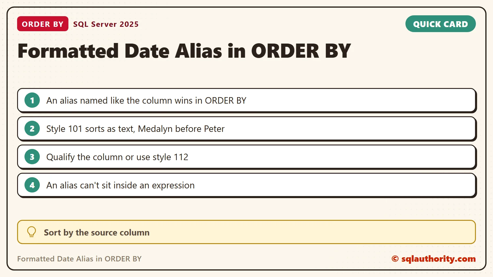 Quick reference card: Formatted Date Alias in ORDER BY: Sort by the Real Date in SQL Server