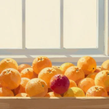 Gouache painting of a wooden crate of oranges on a windowsill with one dark vermilion fruit among them