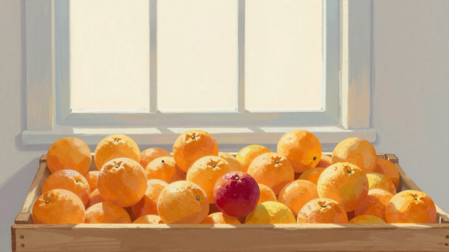 Gouache painting of a wooden crate of oranges on a windowsill with one dark vermilion fruit among them