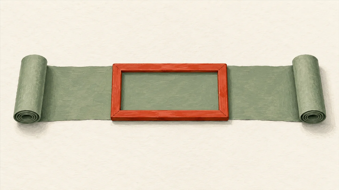 Gouache painting of a vermilion wooden viewing frame resting on a long unrolled sage scroll