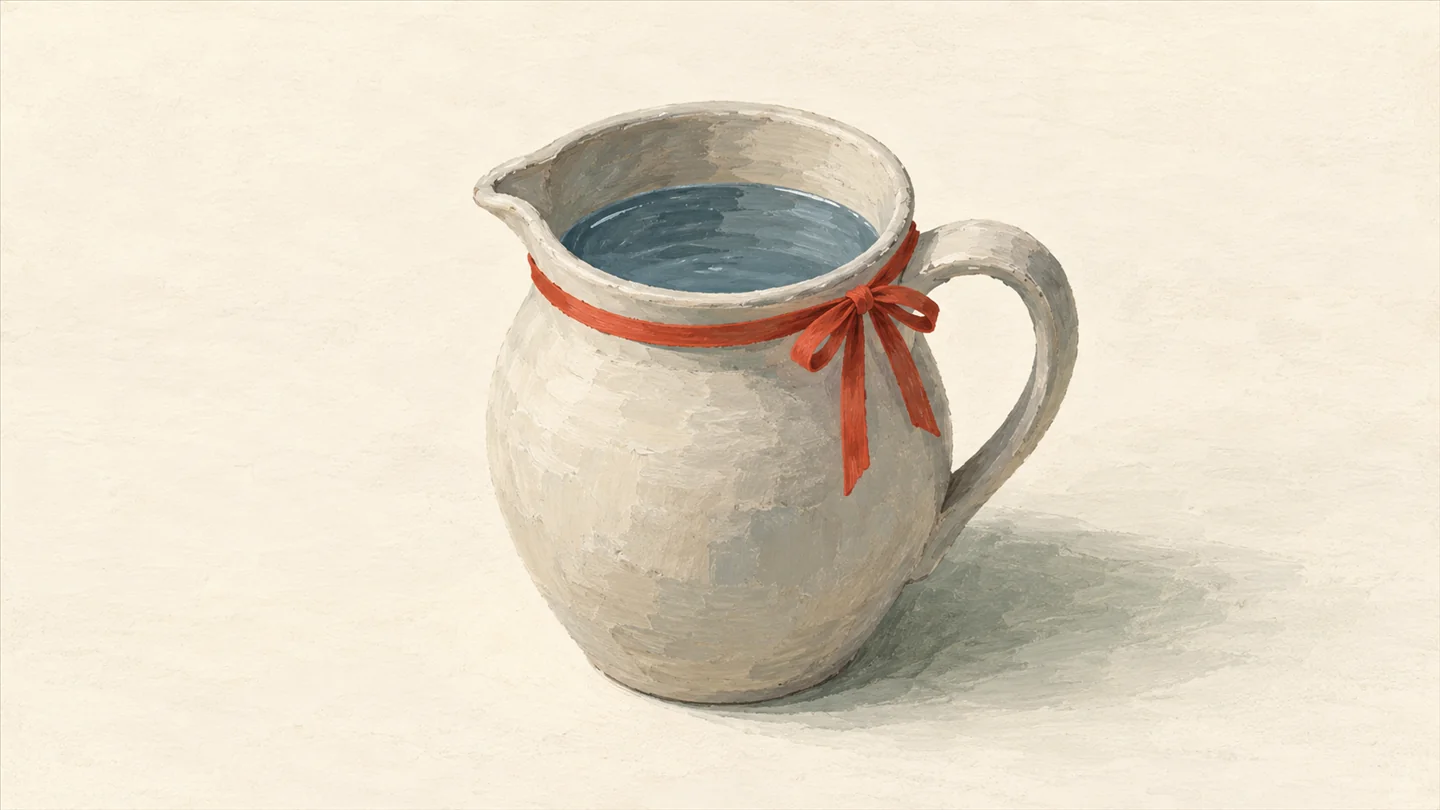 Gouache painting of a clay measuring jug filled with slate-blue water to just below a vermilion ribbon
