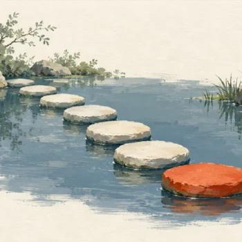 Gouache painting of a path of seven stepping stones across a still slate-blue pond, one vermilion stone nearest the viewer