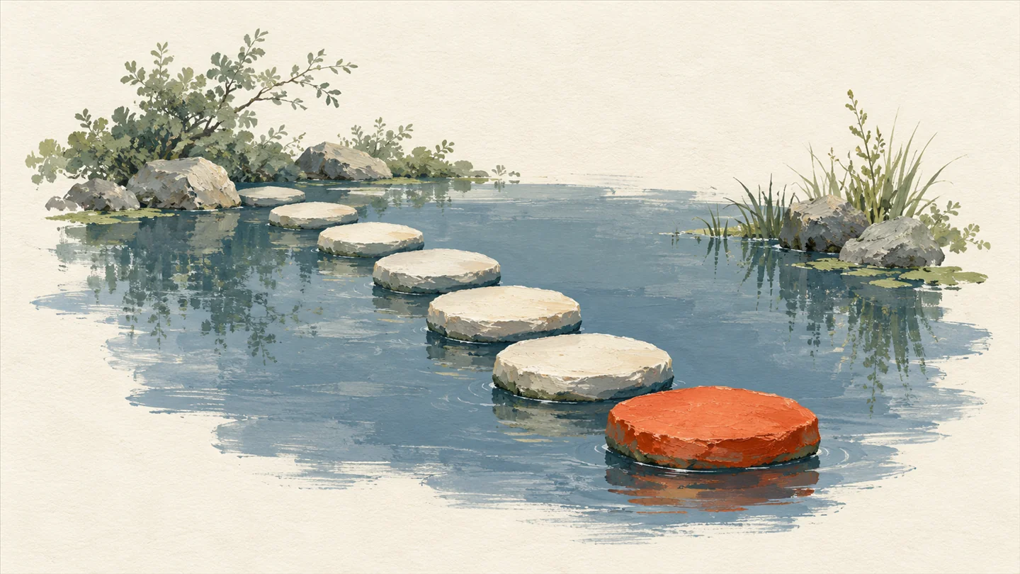 Gouache painting of a path of seven stepping stones across a still slate-blue pond, one vermilion stone nearest the viewer
