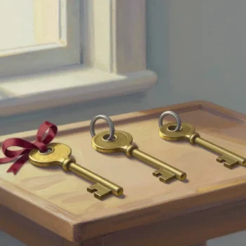 Gouache painting of three brass keys on a wooden tray, the first tied with a vermilion ribbon