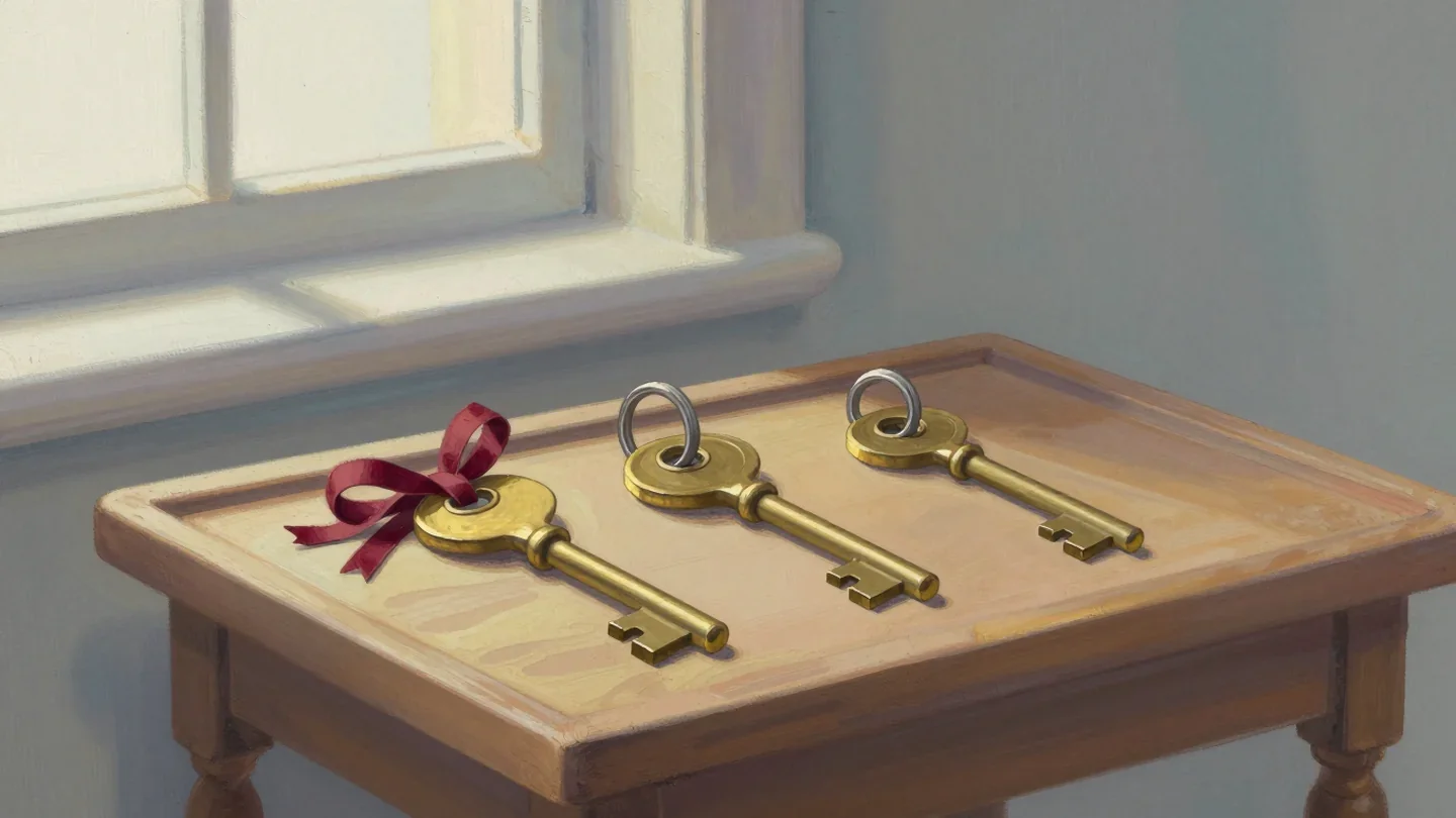 Gouache painting of three brass keys on a wooden tray, the first tied with a vermilion ribbon