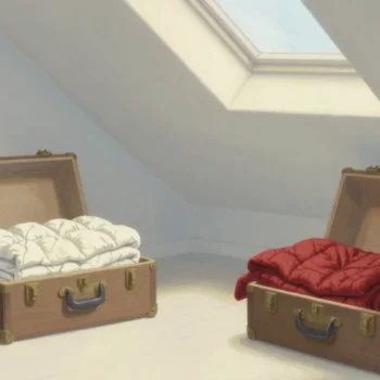 Gouache painting of two open trunks of quilts, one nearly full and one half empty with a vermilion quilt on top