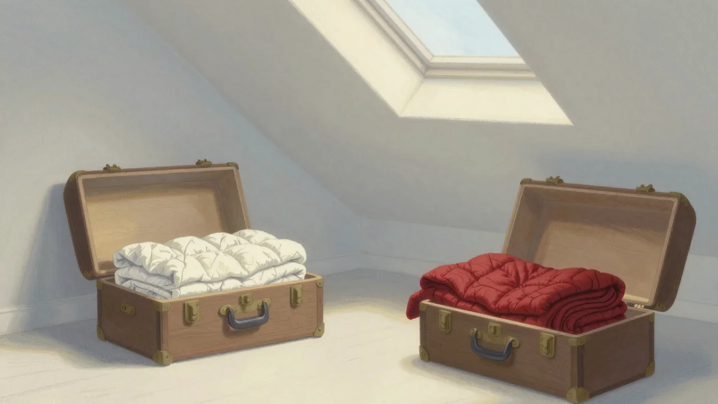 Gouache painting of two open trunks of quilts, one nearly full and one half empty with a vermilion quilt on top