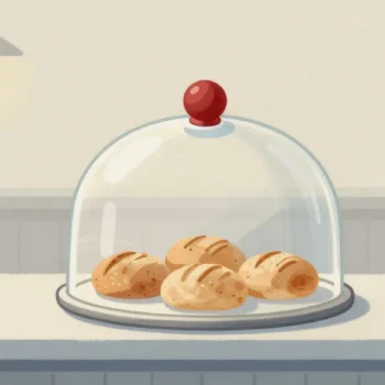 Gouache painting of a plate of bread rolls under a glass dome with a vermilion knob