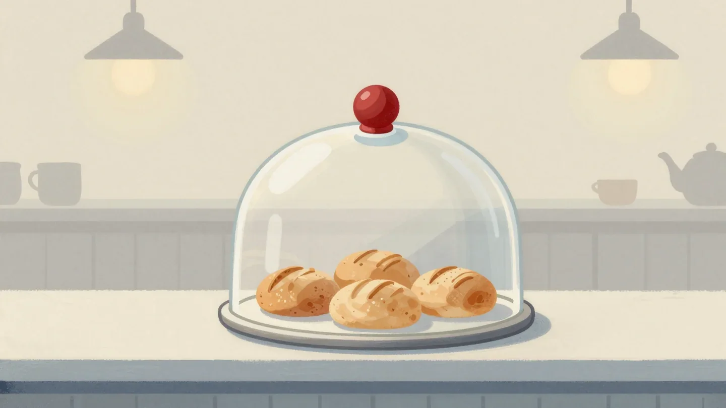 Gouache painting of a plate of bread rolls under a glass dome with a vermilion knob