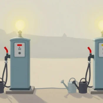 Gouache painting of two water pumps with watering cans waiting, one spout clamped in vermilion