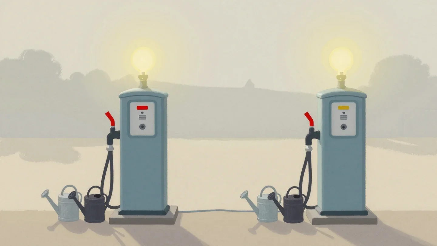 Gouache painting of two water pumps with watering cans waiting, one spout clamped in vermilion