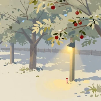 Gouache painting of apple trees in an orchard with red apples and a small vermilion peg in the ground beside a lamp post