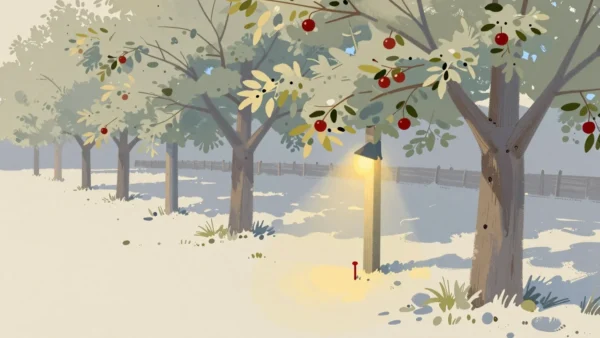 Gouache painting of apple trees in an orchard with red apples and a small vermilion peg in the ground beside a lamp post