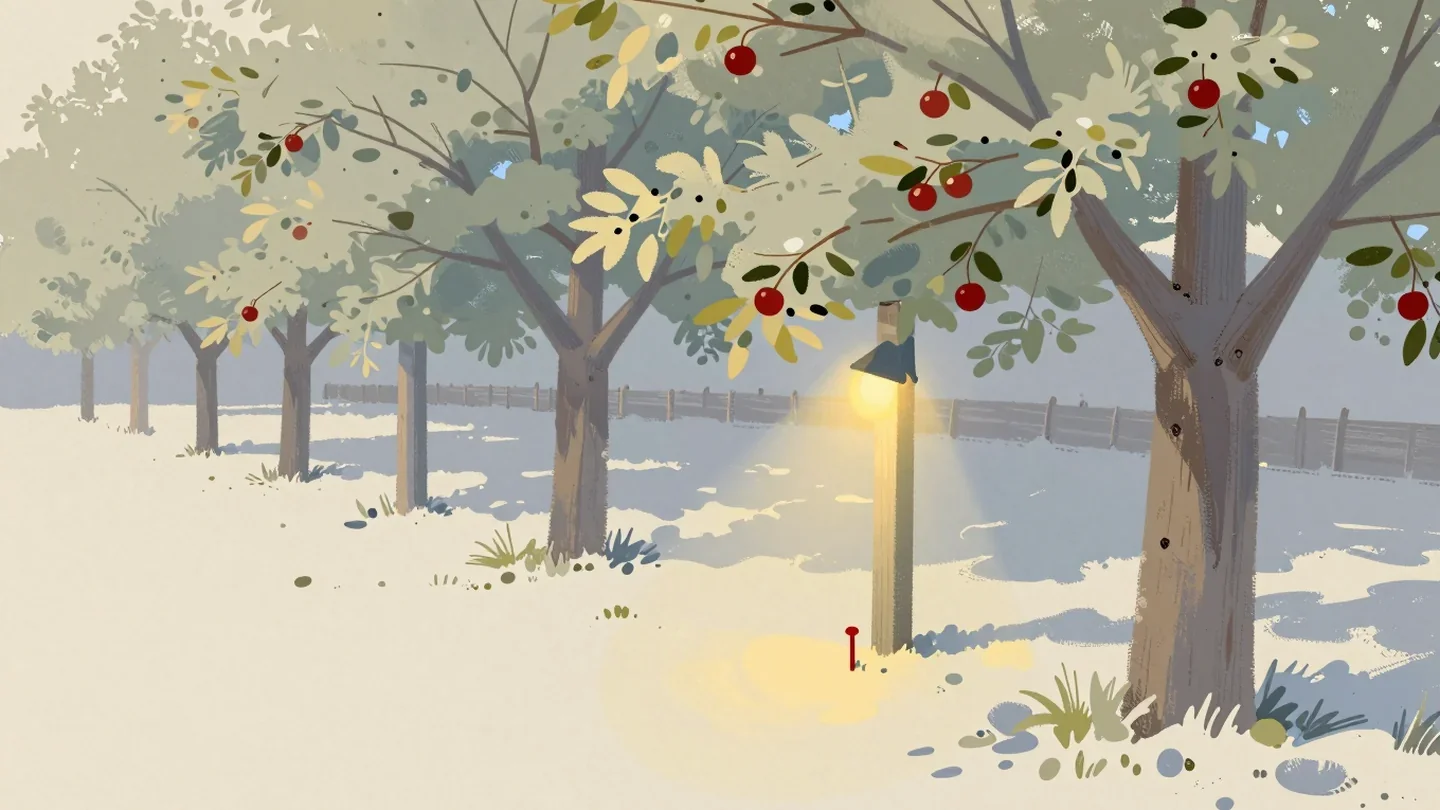 Gouache painting of apple trees in an orchard with red apples and a small vermilion peg in the ground beside a lamp post