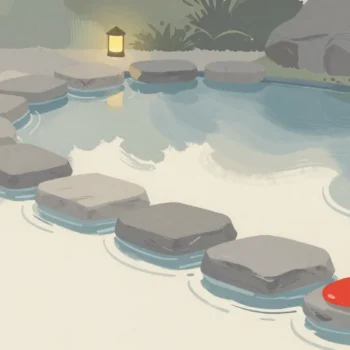 Gouache painting of a line of stepping stones across a pond with the last one vermilion