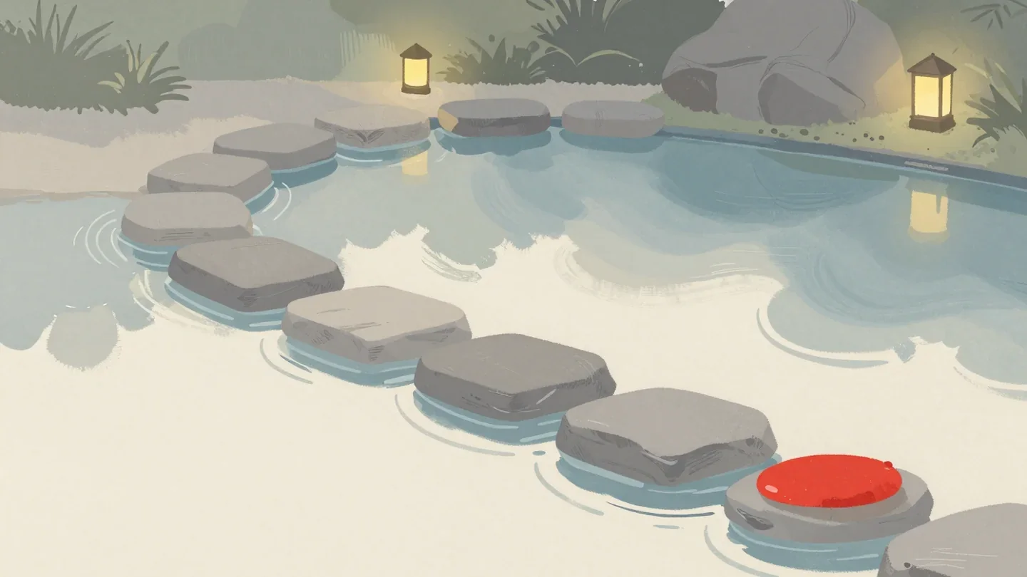 Gouache painting of a line of stepping stones across a pond with the last one vermilion