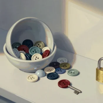Gouache painting of a bowl of mixed buttons and keys with one vermilion key beside a padlock