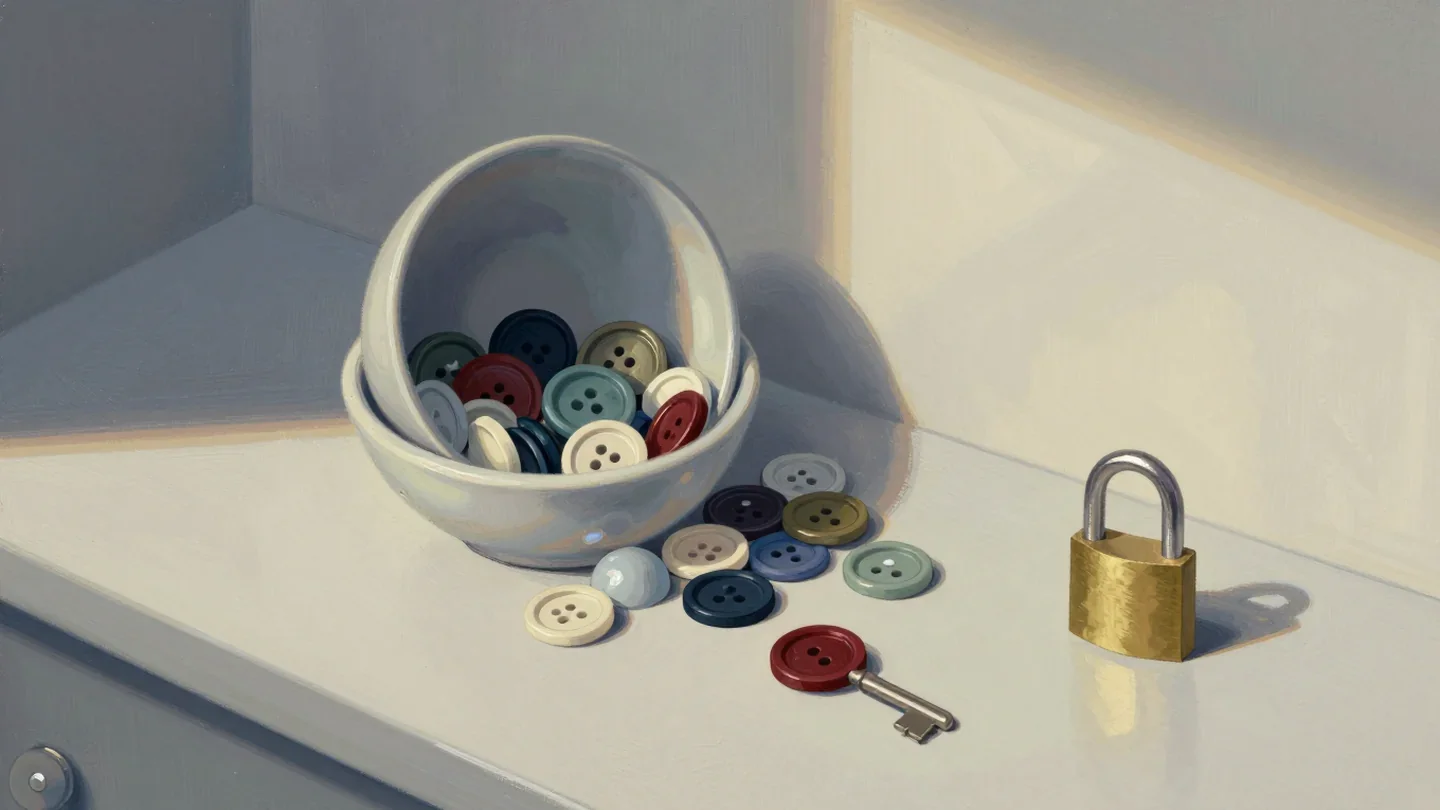 Gouache painting of a bowl of mixed buttons and keys with one vermilion key beside a padlock
