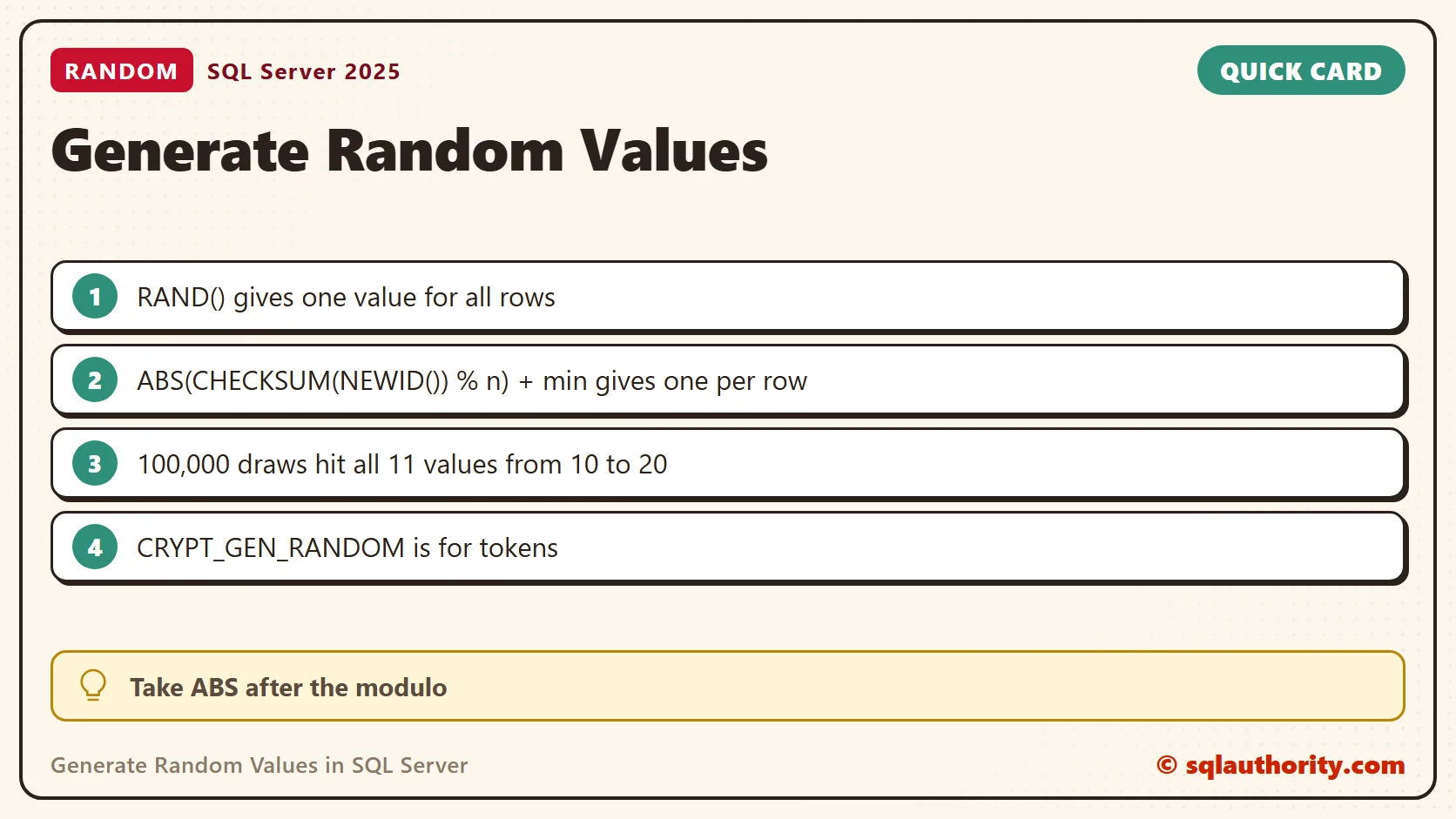Quick reference card: Generate Random Values in SQL Server: SQL in Sixty Seconds #042