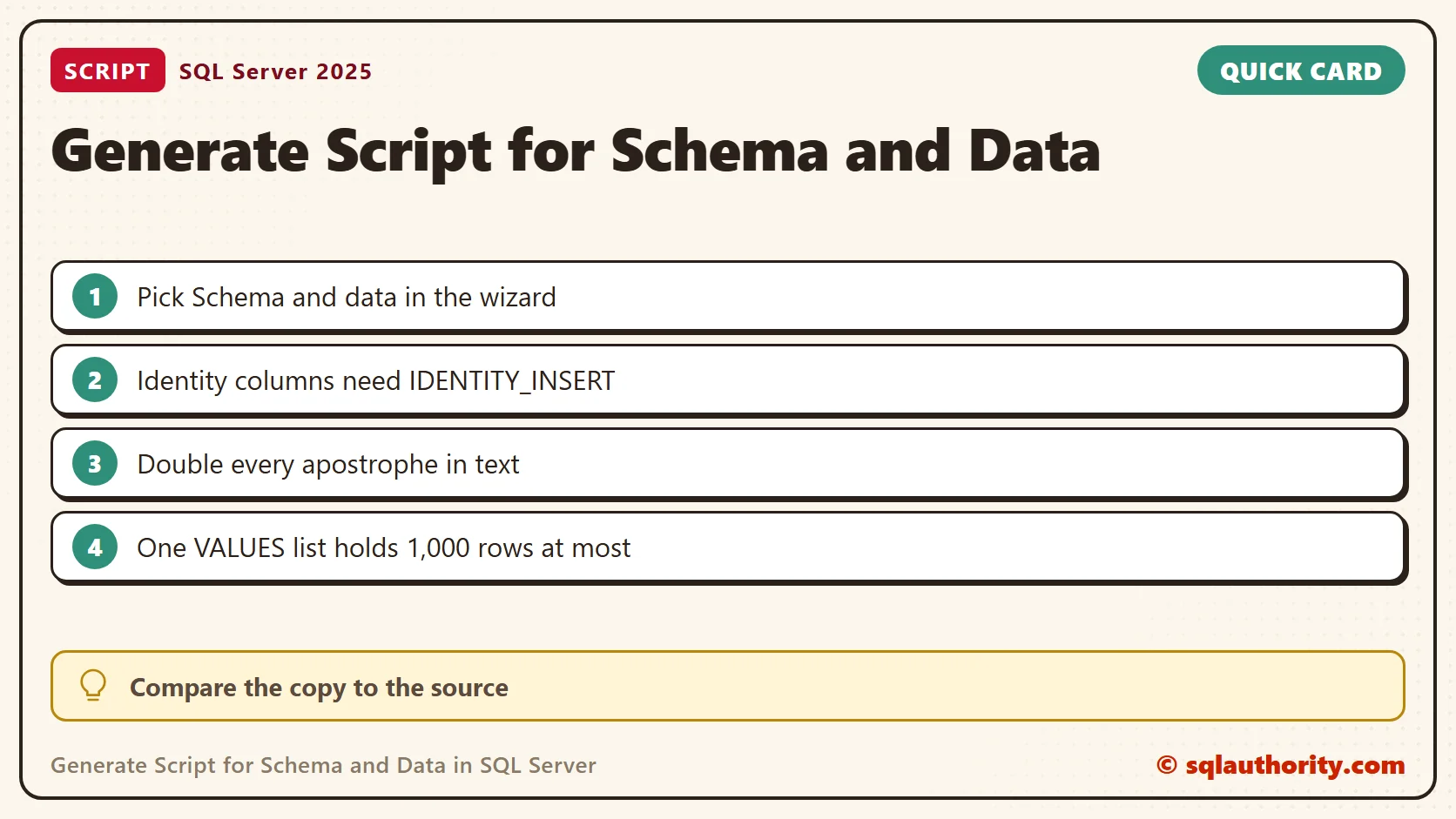 Quick reference card: Generate Script for Schema and Data in SQL Server: SQL in Sixty Seconds #021
