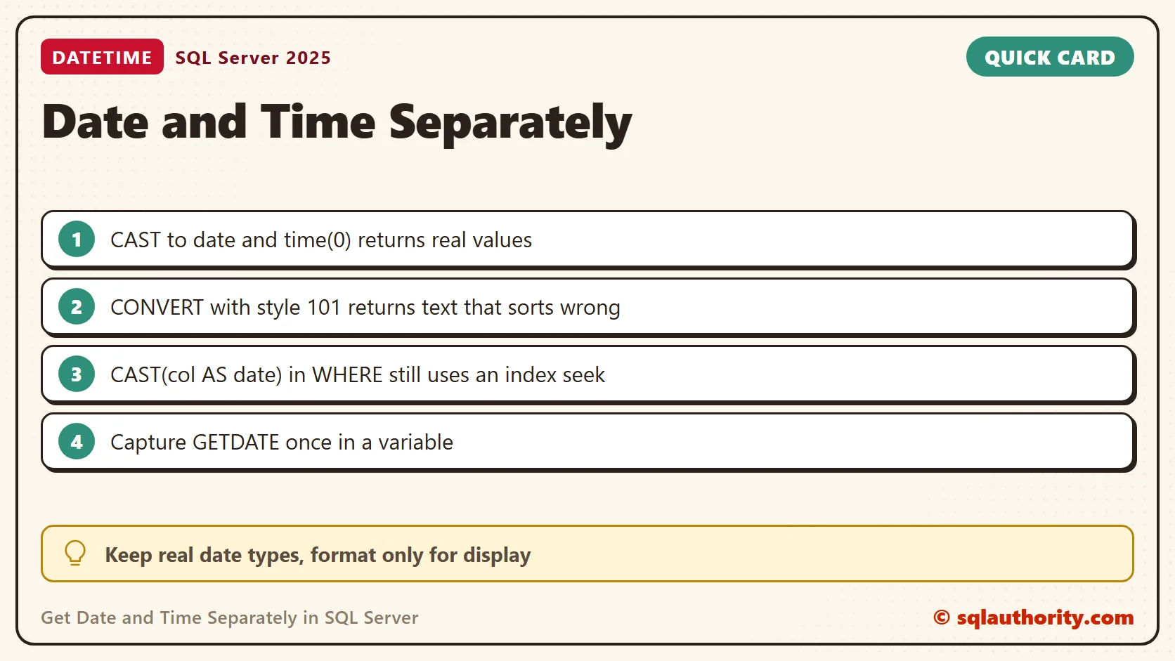 Quick reference card: Get Date and Time Separately in SQL Server: SQL in Sixty Seconds #025