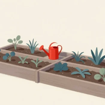 Gouache painting of a vegetable bed divided into five sections with a vermilion watering can on one divider