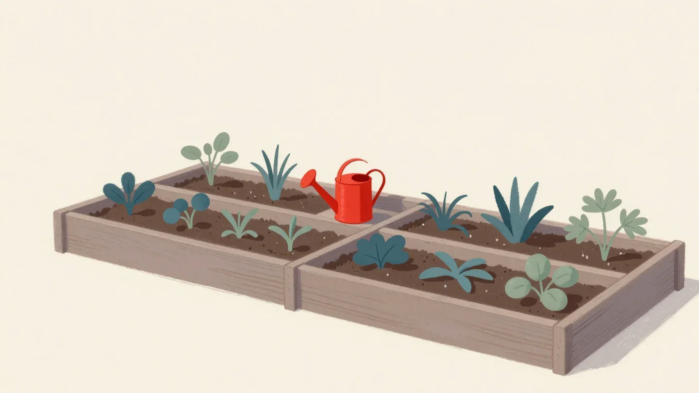 Gouache painting of a vegetable bed divided into five sections with a vermilion watering can on one divider