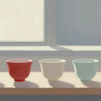 Gouache painting of five matching tea cups in a row with the second from the left in vermilion