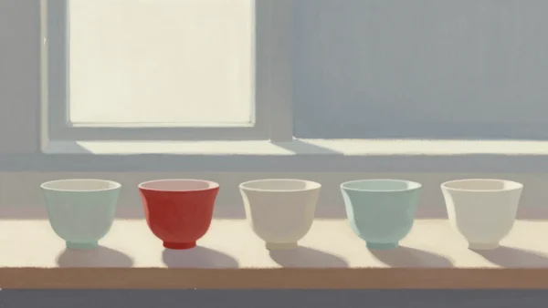 Gouache painting of five matching tea cups in a row with the second from the left in vermilion