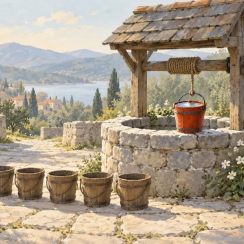 Painting of an old stone village well on a sunny morning, with five wooden buckets waiting on the flagstones and one vermilion bucket drawn up full of water