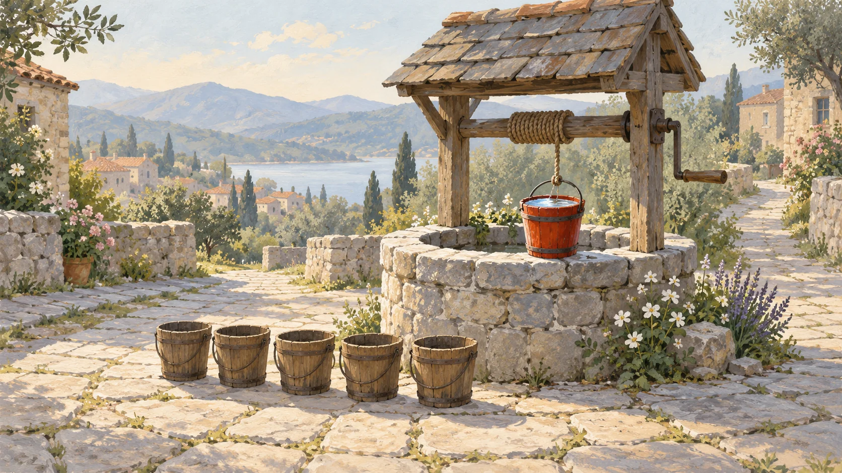 Painting of an old stone village well on a sunny morning, with five wooden buckets waiting on the flagstones and one vermilion bucket drawn up full of water