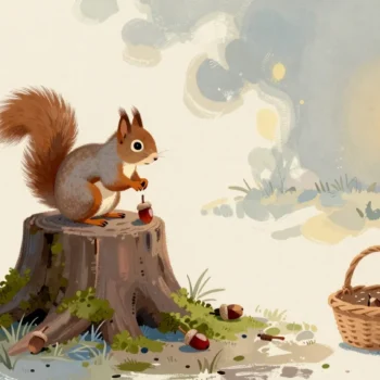 Gouache painting of a squirrel on a mossy stump holding a vermilion acorn, with an empty basket nearby